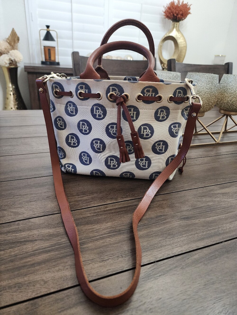 Dooney & Bourke Brown Leather Trim Navy Logo Satchel